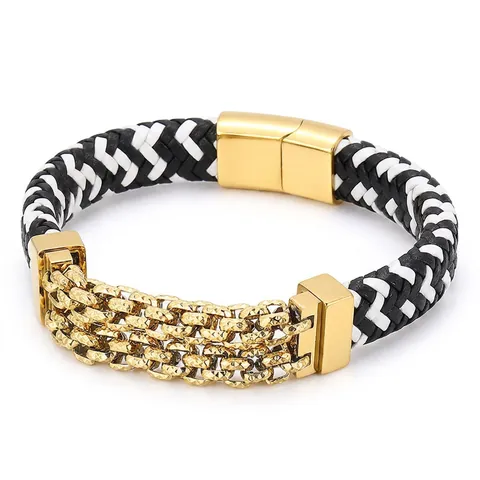 Bracciale Da Uomo In Vera Pelle Intrecciata Con Catena In Acciaio Inossidabile E Chiusura Magnetica Stile Punk