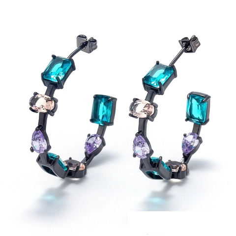 C-Shape Hoop Earrings And Bracelet Copper Colorful Zircon Black Plated Geometric Jewelry For Women Elegant