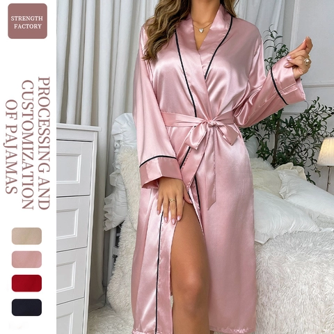 Dames Lange Mouw Satijnen Kamerjas Imitatie Satijn Nachtkleding Contrast Bies V-Hals Elegante Nachtkleding