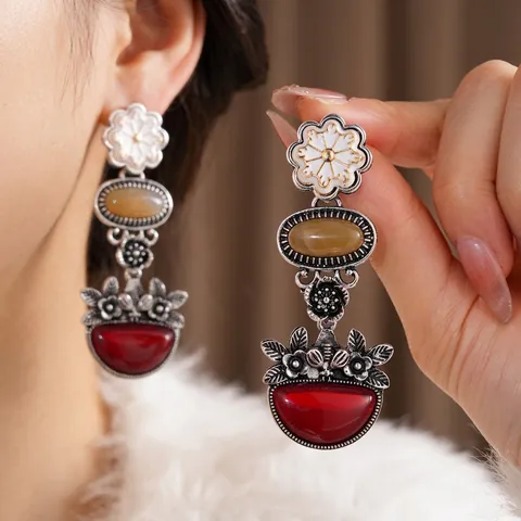 Flower Dangle Earrings Alloy Resin Stones Silver Earring Post Vintage Bohemian Style Elegant Retro Jewelry For Women