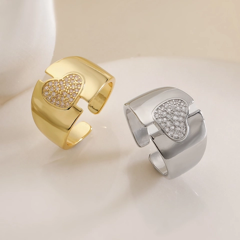 Breiter Bandring Kupfer Mit Mikro Eingelegtem Zirkon Herzform Retro Mode Nische Personalisiert Verstellbarer Schmuck Für Damen