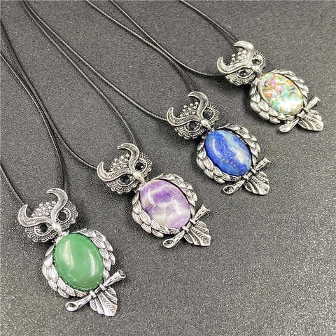 Pendente Civetta Vintage Collana Spilla Doppio Uso Lega Cristallo Naturale Pietra Preziosa Intarsiata Gioielli Animali Donne Stile Boho