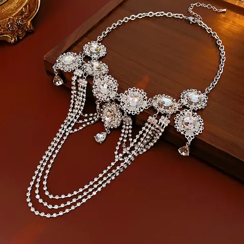 Collar Con Borla De Strass Vintage Flor Redonda Hueca Aleación Cadena Multicapa Colgantes Gota De Agua Joyería Mujer Boda Fiesta