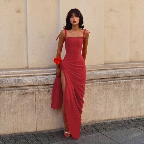 Sexy Red Spaghetti Strap Maxi Dress Boned Corset Waist Ruched High Slit Bodycon Evening Party Long Dress For Women