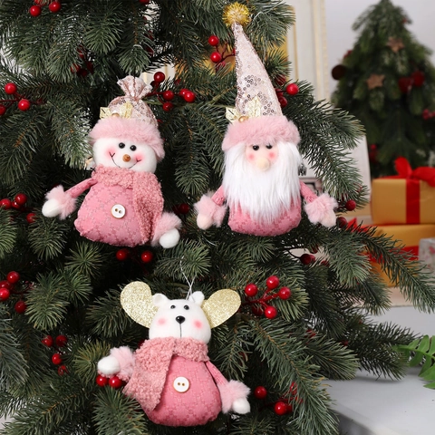 Ciondolo Bambola Di Natale Rosa Peluche Tessuto Paillettes Ornamento Da Appendere Pupazzo Di Neve Babbo Natale Alce Stile Nordique