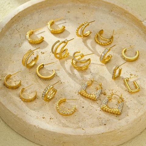 Geometrische Vintage Roestvrijstalen Oorbellen 18K Verguld Micro Pave Zirconia C-Vorm Hoops Studs Dames Sieraden