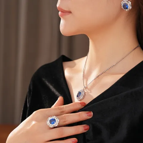 Vintage Luxus Schmuck Halskette Ohrringe Ring Damen Kupfer Versilbert Blau Oval Edelstein Strass Halo High End