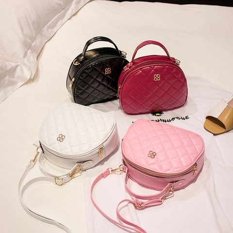 Quilted Rhombus Shoulder Crossbody Bag PU Leather Semi Circular Shell Handbag With Golden Flower Buckle For Women