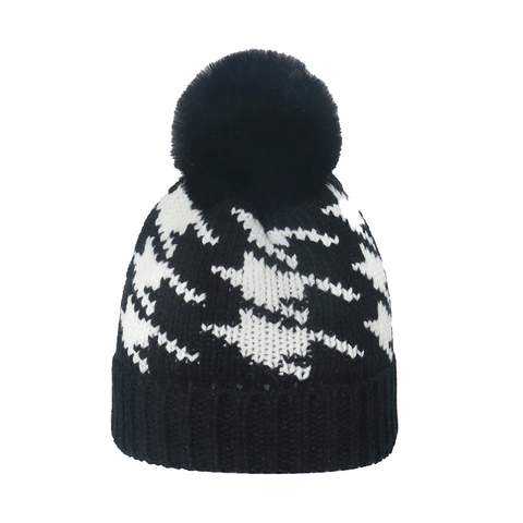Berretto Invernale Adulti In Maglia Bianco Nero Pied De Poule Con Grande Pompon In Acrilico Casual Outdoor Antivento Moda