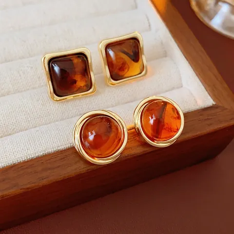 Vintage Amber Resin Stud Earrings With Silver Earring Post Geometric Square Round Gold Alloy Jewelry For Women