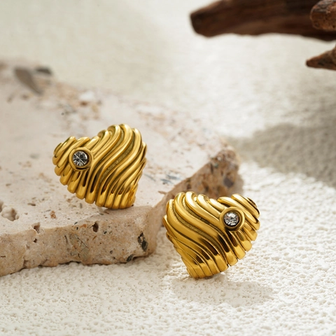Vintage Stainless Steel Heart Earrings 18K Gold Plated Wave Ripple Pattern Rhinestone Inlaid Fashion Jewelry For Women Gift