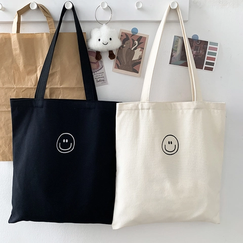Minimalist Canvas Tote Bag Large Capacity Smile Face Print Zipper Casual Shoulder Handbag For Women Student