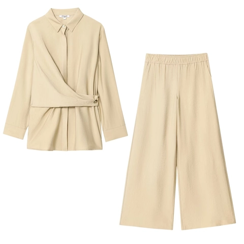 Dames Elegant Crossover Lange Mouw Overhemd En Hoge Taille Wijde Pijpen Broek Set Effen Kleur Kantoor Casual Outfit
