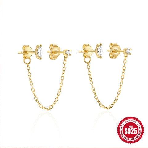 S925 Sterling Silver Double Piercing Chain Earrings For Women Minimalist Zirconia Tassel Drop Earrings Jewelry Gift
