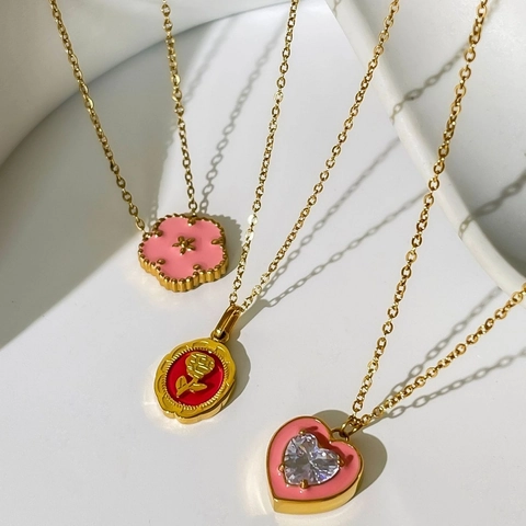 Minimalist Stainless Steel Heart Flower Rose Drip Oil Enamel Pendant Necklace 18K Gold Plated Waterproof Fashion Jewelry For Women