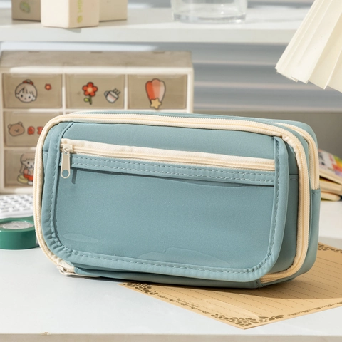 Large Capacity Pencil Case Oxford Cloth Multi-Layer Zipper With Transparent PVC Window For Students Office School