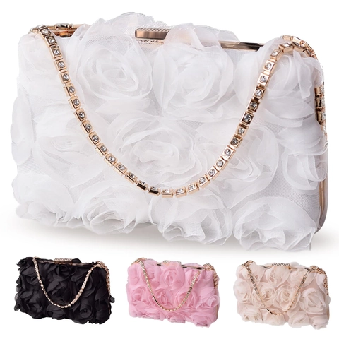 Evening Clutch Bag Chiffon Rose Flower Satin Rhinestone Clasp Detachable Chain Wedding Party Handbag Elegant Women