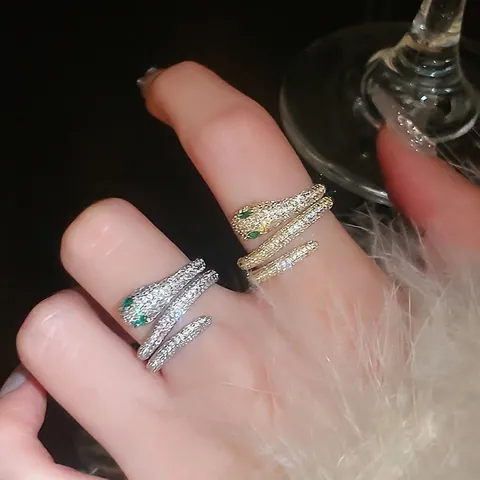 Snake Wrap Open Ring Copper With Cubic Zirconia Green Eyes Adjustable Exaggerated Luxury Jewelry For Women