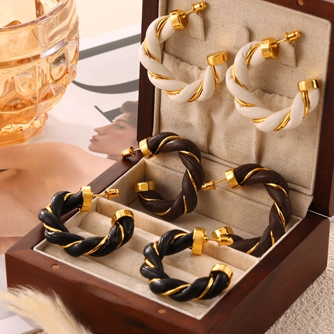 Vintage C-Shaped Hoop Earrings Twisted Geometric Design Copper And Braided Leather British Retro Style For Women