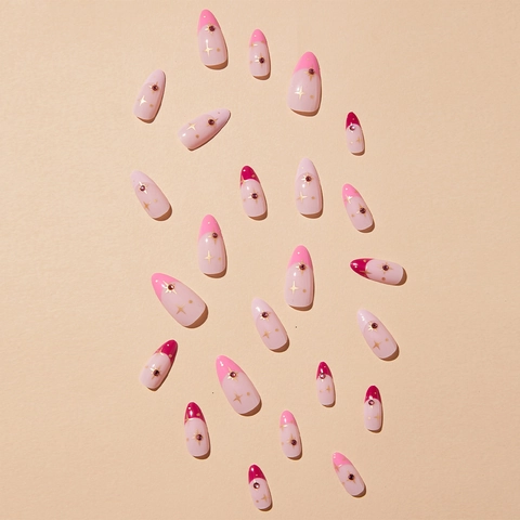Almond Shape French Tip Press On Nails Pink Gradient Long False Nails With Golden Stars Rhinestones For Women