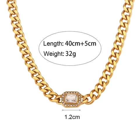 Stainless Steel Cuban Link Necklace And Bracelet With Rectangular Zirconia Gold Plated Geometric Pendant Daily Jewelry For Women