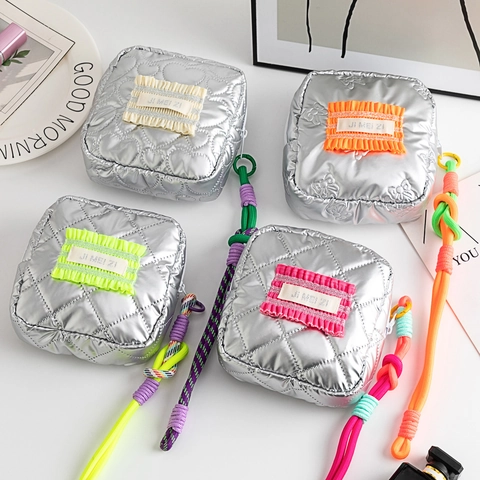 Silver Quilted Metallic PU Cosmetic Bag Waterproof Small Square Storage Pouch With Braided Rope Handle For Women Period