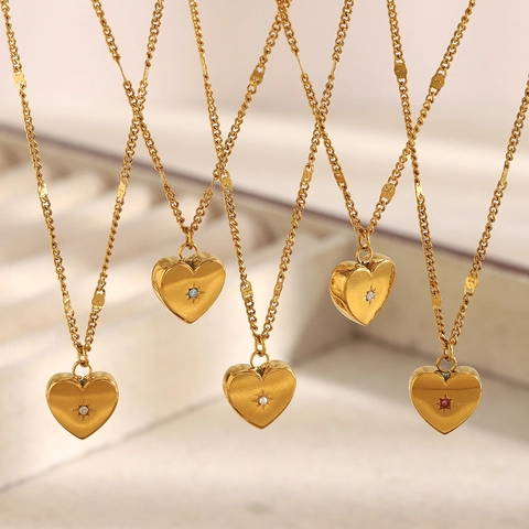 Collar Con Colgante De Corazón Acero Inoxidable Chapado En Oro 18K Circón Piedra De Nacimiento Joyería Para Mujer