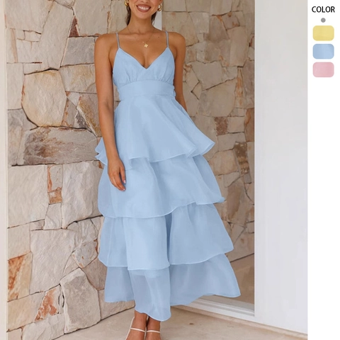 Women Sexy Backless Spaghetti Strap Tiered Cake Dress V Neck Ruffle Layered Sleeveless Party Evening Beach Vacation Chiffon