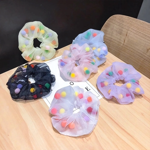 Floral Mesh Pom-Poms Hair Scrunchies Elastic Fabric Tie-Dye Textured Ponytail Holder For Women Girls Sweet Style