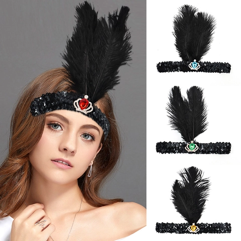 1920s Gatsby Feather Headband Sequin Rhinestone Headpiece Vintage Flapper Costume Accessory For Halloween Party