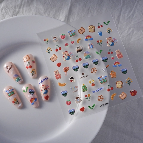 5D Geprägte Nagelaufkleber Süßer Bär Brot Blume Muster Selbstklebend DIY Maniküre Kunst Dekoration Für Damen