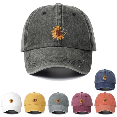 Washed Cotton Baseball Cap Sunflower Butterfly Embroidery Breathable Sun Hat For Outdoor Casual Women Men