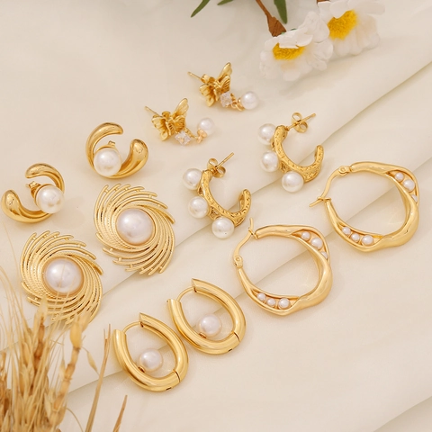 Orecchini Di Künstliche Perle Eleganti Acciaio Inossidabile Geometrici Forma A C Borchie Farfalla Zircone Pendenti Per Donne Gioielli Moda
