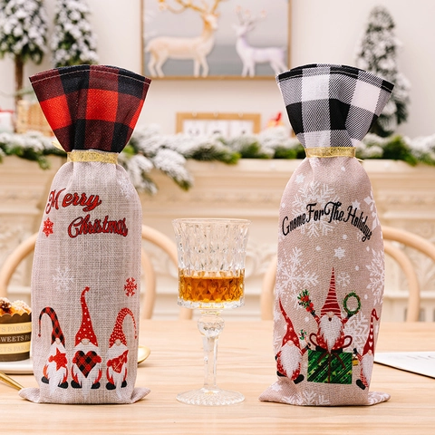 Sacchetto Regalo Bottiglia Vino Natale Iuta Quadri Gnomo Copribottiglia Coulisse Decorazione Tavolo Festa