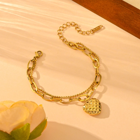 Double Layer Heart Pendant Bracelet Gold Plated Stainless Steel Grid Texture Link Bead Chain Adjustable For Women
