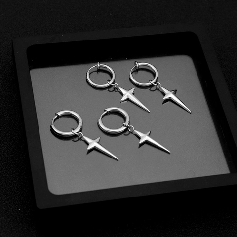 Stainless Steel Three Dimensional Four Pointed Star Pendant Hoop Earrings Hip Hop Punk Minimalist Unisex Dangle Jewelry