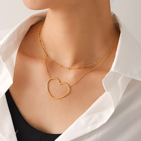 Stainless Steel Hollow Heart Pendant Necklace For Women PVD 18K Gold Plated Double Layer Clavicle Chain Minimalist Jewelry