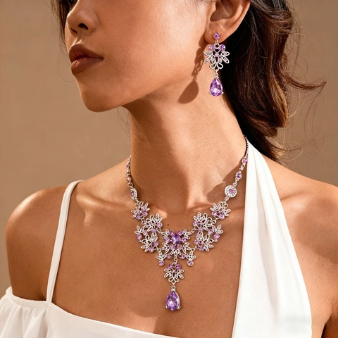 Purple Zircon Hollow Flower Water Drop Pendant Necklace And Earrings Alloy Rhinestone Elegant Vintage Evening Party Jewelry