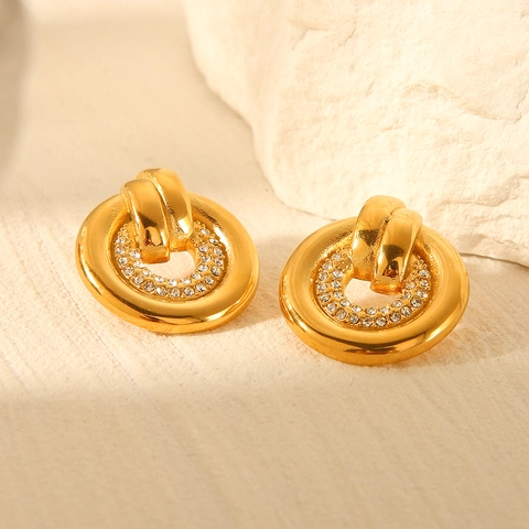 Ronde Hoop Oorbellen 18K Verguld Roestvrij Staal Met Fonkelende Steentjes Geometrische Vintage Mode Voor Dames