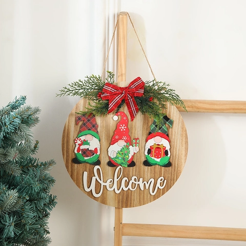 Insegna Di Benvenuto Di Natale Appesa Alla Porta In Legno Tondo Con Fiocco A Quadretti E Pino Artificiale Design Gnomi Decorazione Parete