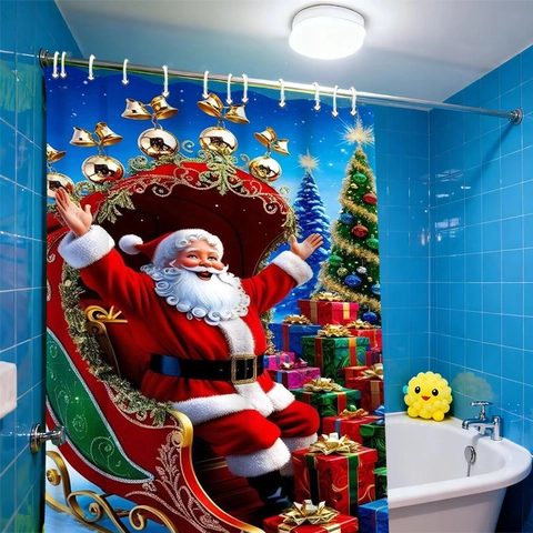 Tenda Da Doccia Natalizia Poliestere Impermeabile Babbo Natale Slitta Stampa Decorazione Bagno Con Ganci