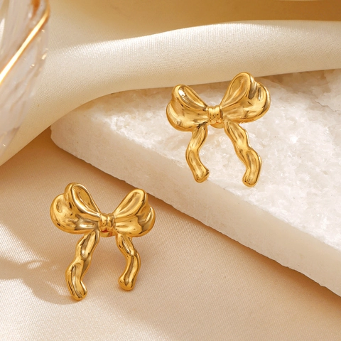 Bowknot Stud Earrings 18K Gold Plated Stainless Steel Ribbon Textured Minimalist Fashion Jewelry For Women