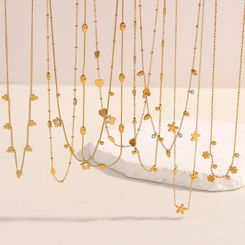 Stainless Steel 18K Gold Plated Pendant Necklace For Women Thin Chain Geometric Heart Flower Butterfly Zircon