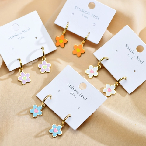 Bunte Blumen Creolen 316L Edelstahl Herz Emaille Tropfen Süß Frischer Stil Für Damen