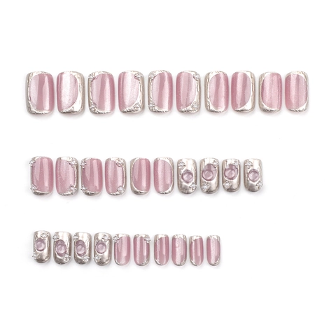 Press On Nails Cat Eye Pink Nude Color With Faux Artificial Pearl And Silver Glitter Edge Elegant Gentle Glossy Fake Nails For Women