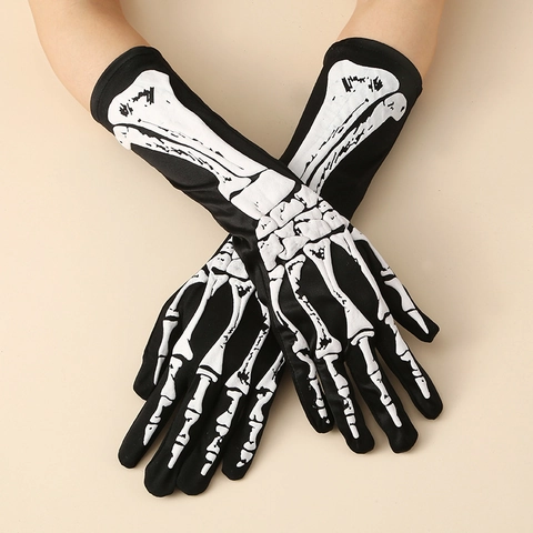 Gants Longs Squelette Halloween Impression Os En Mousse Polyester Élastique Manches De Costume Pour Bal Masqué Cosplay