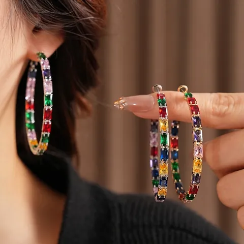 Κρίκοι Σκουλαρίκια Rainbow Baguette Zircon Με 925 Sterling Silver Earring Post Χάλκινα Πολυτελή Γεωμετρικά Κοσμήματα
