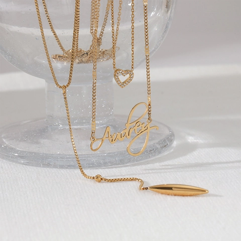 Edelstahl Layering Halskette Herz Straßanhänger Buchstaben Detail Y-Form Lange Kette Eleganter Modeschmuck Für Damen
