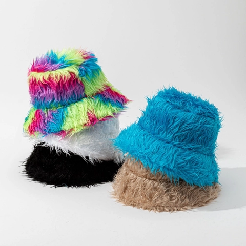 Women's Faux Fur Plush Bucket Hat Winter Warm Windproof Solid Color Tie Dye Fisherman Cap Soft Fuzzy Thick Basin Hat