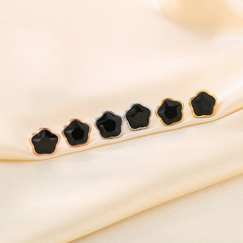 Orecchini A Lobo A Fiore In Acciaio Inossidabile Con Vetro Sfaccettato Nero Gioielli Di Moda Di Tendenza Da Donna